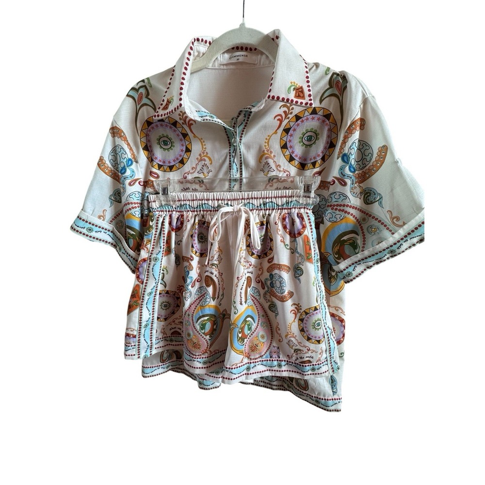 Commense‎ Pinball Short Set Xtra Small Relaxed Shirt Collar Elastic Waist Funky